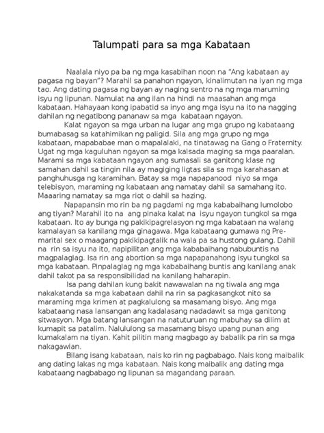 Mga Halimbawa ng Talumpati Tungkol sa Kabataan .